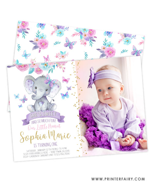 Elephant Floral Birthday Invitation with Photo