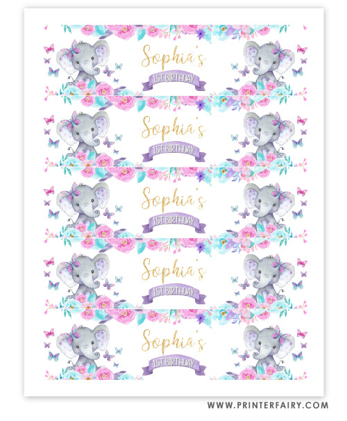 Elephant Floral Water Bottle Labels