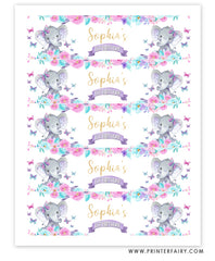 Elephant Floral Water Bottle Labels