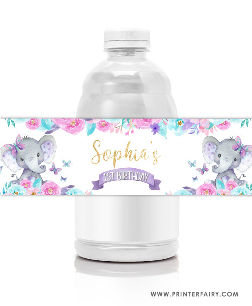 Elephant Floral Water Bottle Labels