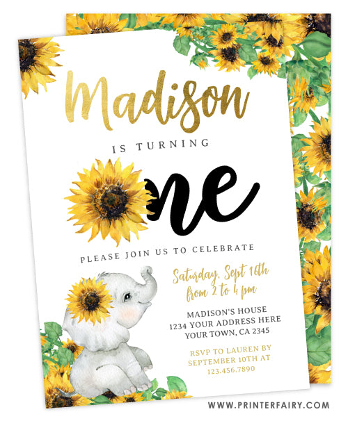 Elephant Sunflower Floral First Birthday Invitation