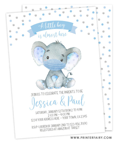 Elephant with Mask Baby Shower Invitation blue