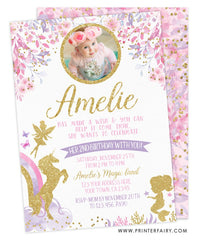 Fairies, Unicorn & Mermaid Birthday Party Invitation with Photo