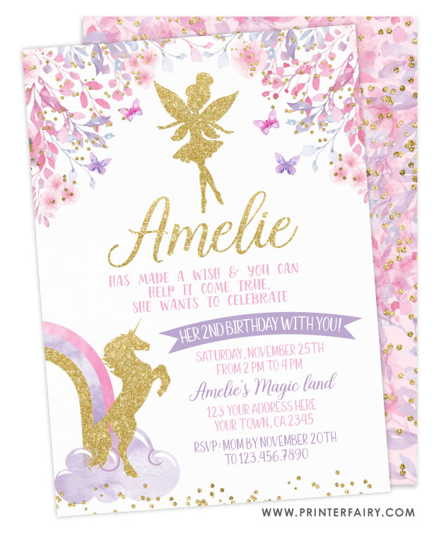 Fairy & Unicorn Birthday Party Invitation