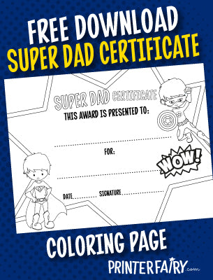 Father's Day Super Dad Certificate - Coloring Page
