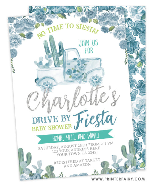 Fiesta and Cactus Drive By Floral Baby Shower Invitation