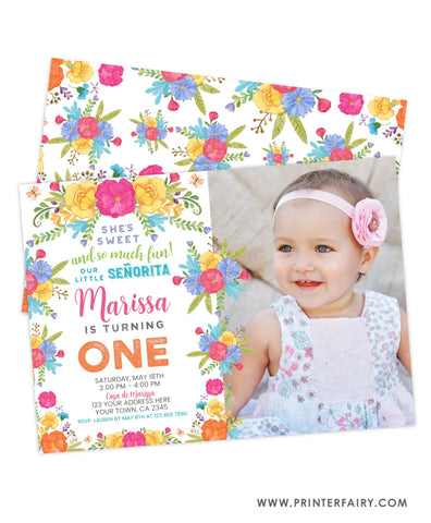 Fiesta Floral First Birthday Invitation with Photo