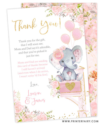 Floral Elephant Shower by Mail Thank You Card