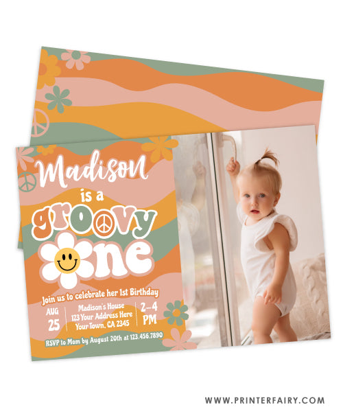 Groovy One First Birthday Invitation with Photo