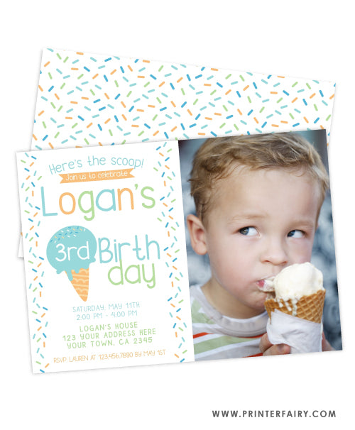 Ice Cream Birthday Party Invitation with Photo