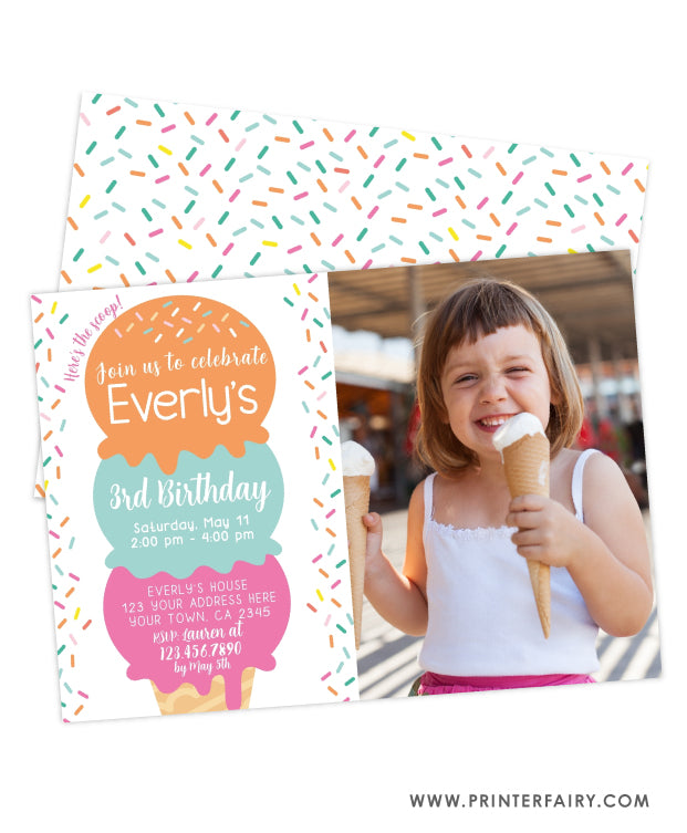 Ice Cream Birthday Party Invitation with Photo