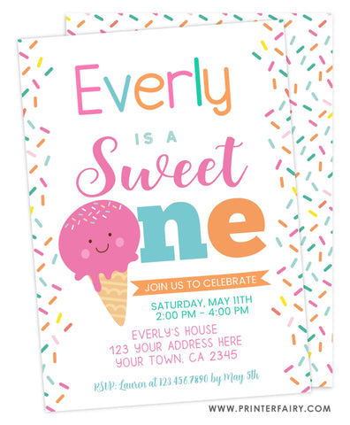 Ice Cream First Birthday Party Invitation