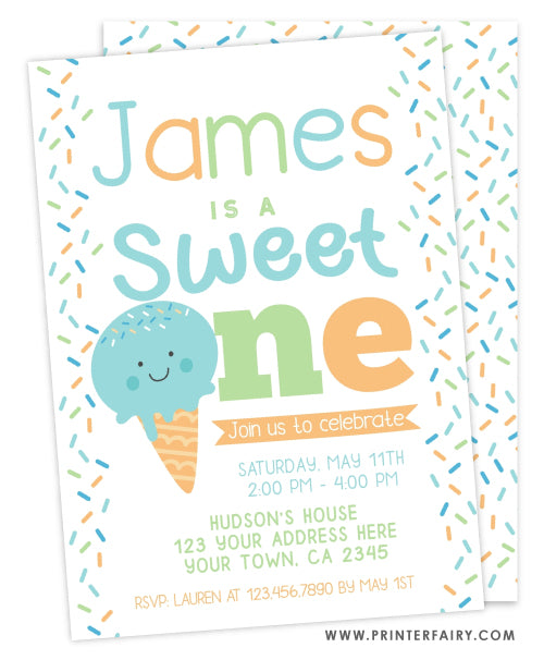 Ice Cream First Birthday Party Invitation