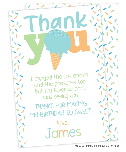 Ice Cream Party Thank You Card