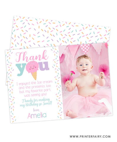 Ice Cream Party Thank You Card with Photo