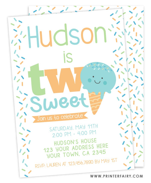 Ice Cream Second Birthday Party Invitation