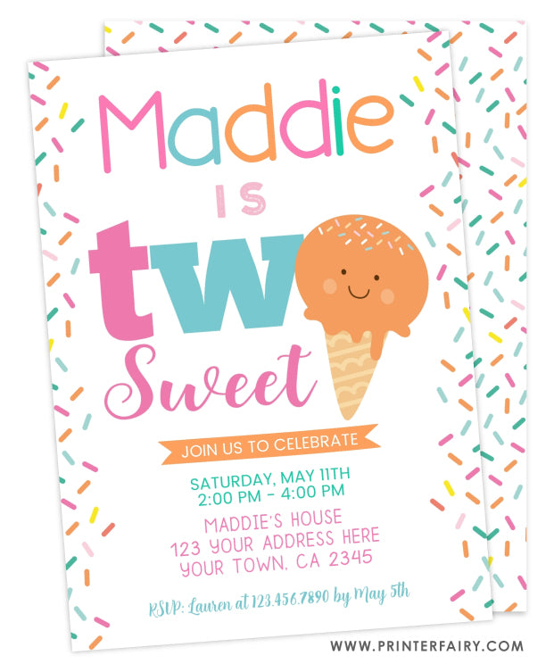 Ice Cream Second Birthday Party Invitation