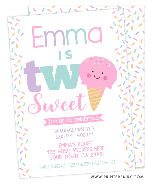 Ice Cream Second Birthday Party Invitation