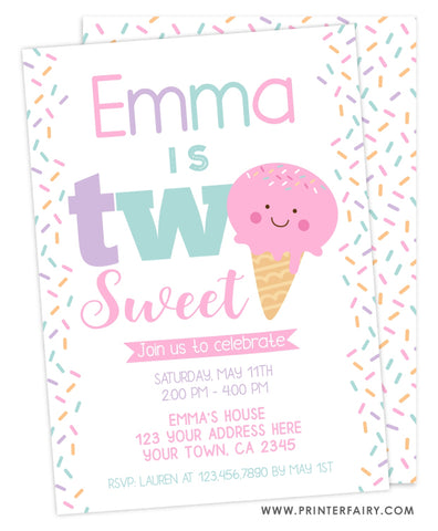 Ice Cream Second Birthday Party Invitation