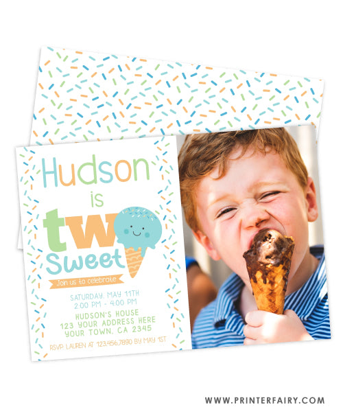 Ice Cream Second Birthday Party Invitation with Photo