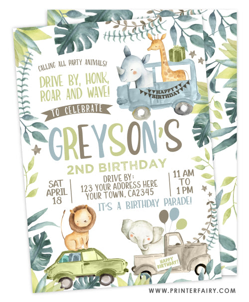 Jungle Drive-thru Birthday Party Invitation