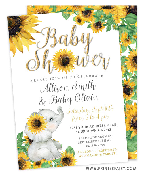 Elephant Sunflower Floral Baby Shower Invitation