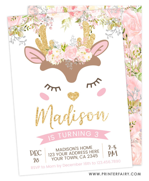 Little Deer Floral Birthday Invitation