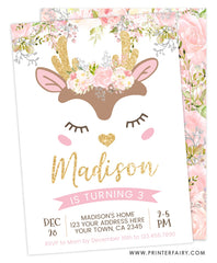 Little Deer Floral Birthday Invitation