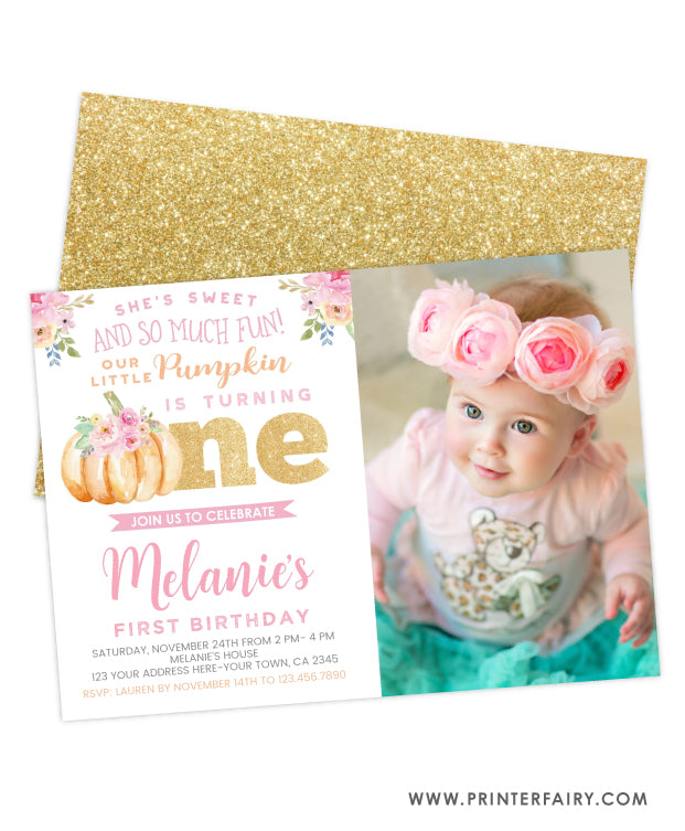 Little Pumpkin First Birthday Invitation with Photo