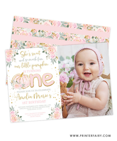 Little Pumpkin Floral First Birthday Invitation with photo