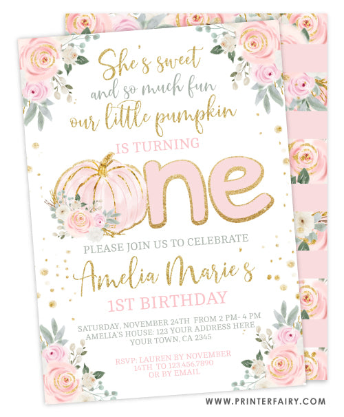 Little Pumpkin Floral First Birthday Invitation