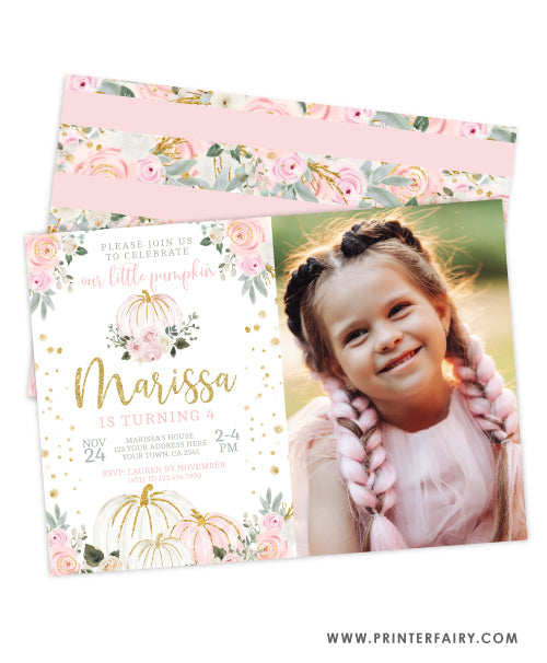 Little Pumpkin Floral Birthday Invitation with Photo