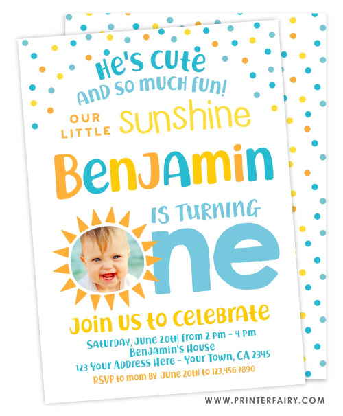 Little Sunshine First Birthday Invitation with Photo