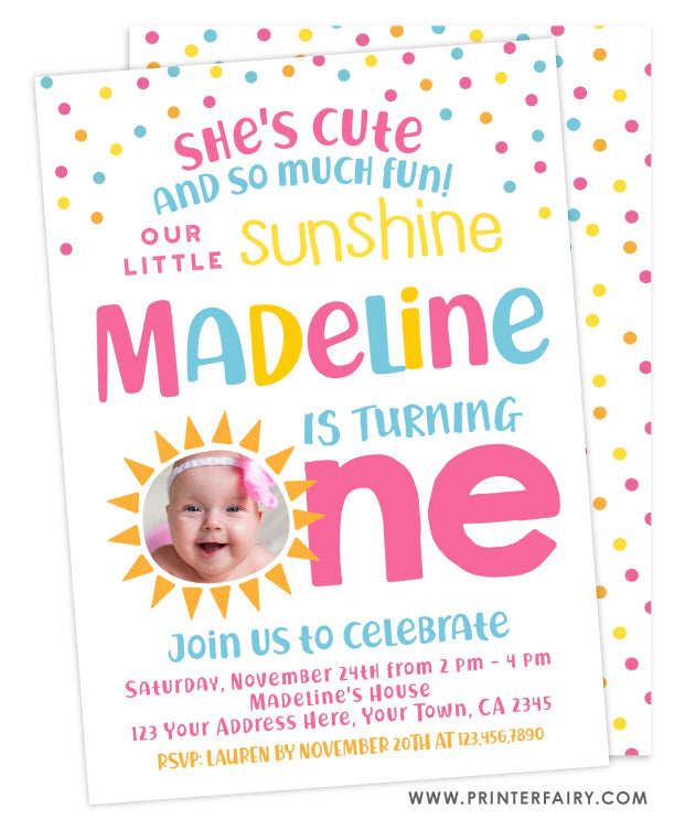 Little Sunshine First Birthday Invitation with Photo