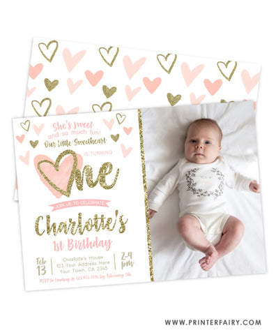 Little Sweetheart First Birthday Invitation with Photo