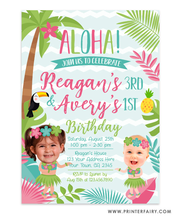 Luau Invitation for Siblings with Photo