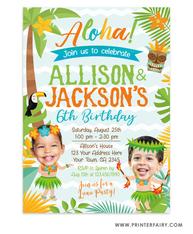 Luau Invitation for Siblings with Photo