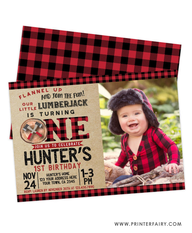 Lumberjack 1st Birthday Invitation with Photo