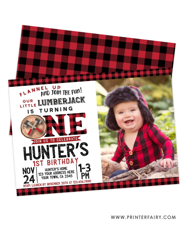 Lumberjack First Birthday Invitation with Photo