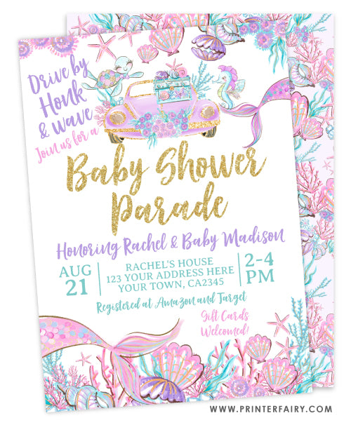 Mermaid Drive by Baby Shower Invitation