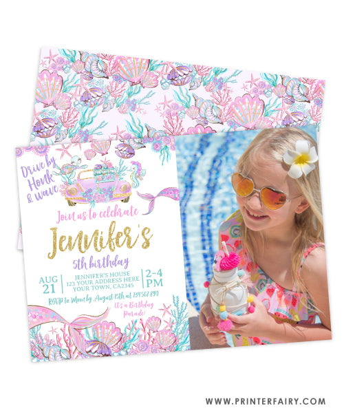 Mermaid Drive by Birthday Invitation with photo