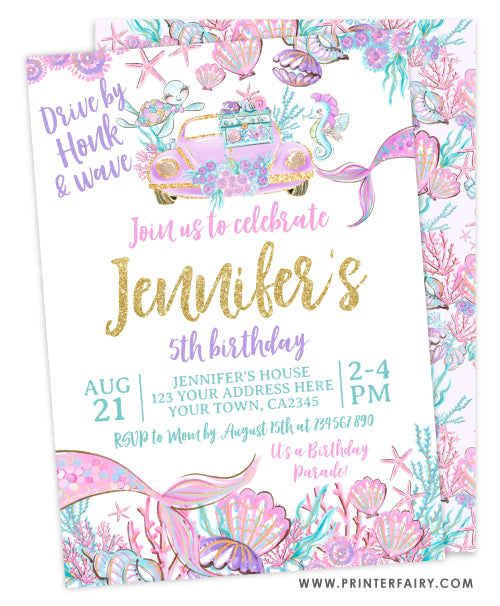 Mermaid Drive by Birthday Invitation