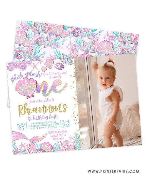 Mermaid First Birthday Invitation with photo