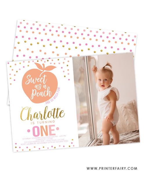 Peach First Birthday Invitation with Photo