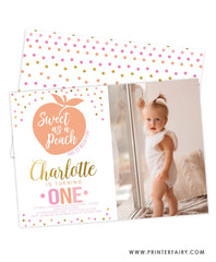 Peach First Birthday Invitation with Photo