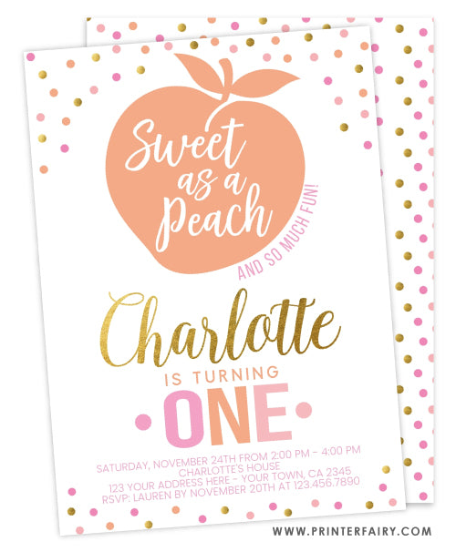 Peach First Birthday Invitation