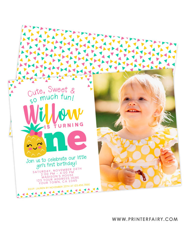 Pineapple First Birthday Invitation with Photo