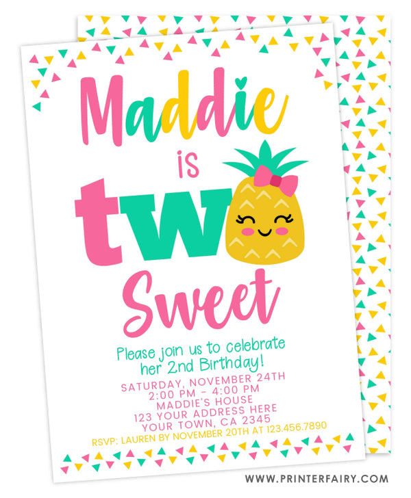 Pineapple Second Birthday Invitation