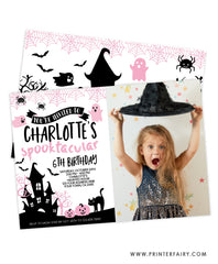 Pink Halloween Birthday Invitation with Photo