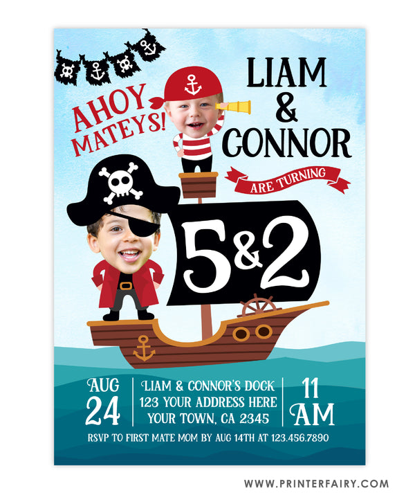 Pirate Birthday Invitation for Siblings - Place Your Face